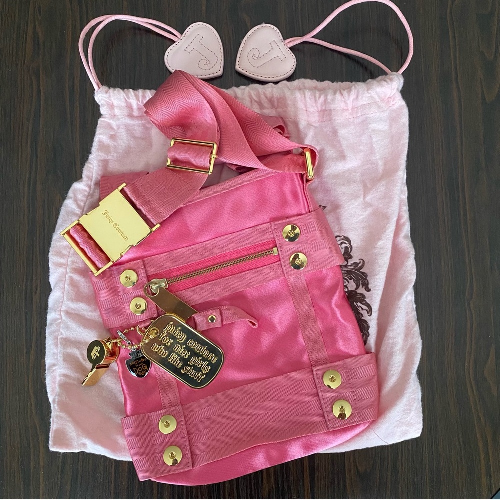 Vintage Juicy Couture Pink Satin Purse with Gold Accents & Accessories